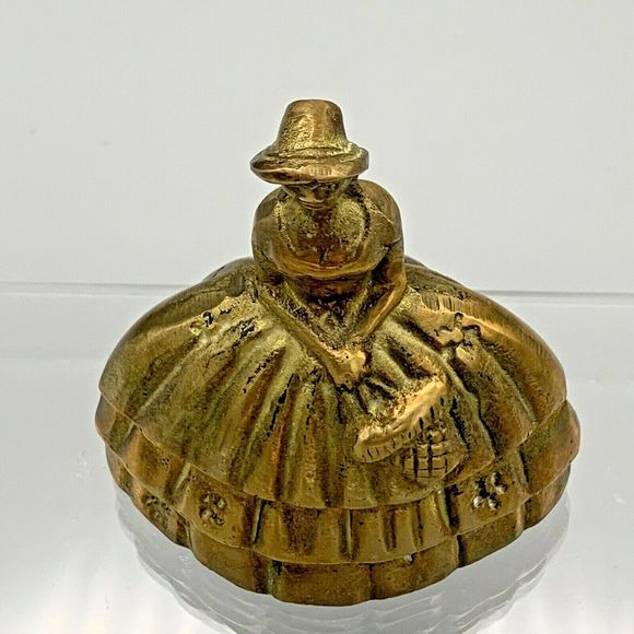 Vintage Brass Bell Southern Belle Lady Holding Basket of Flowers Crinoline Dress - Picture 7 of 9